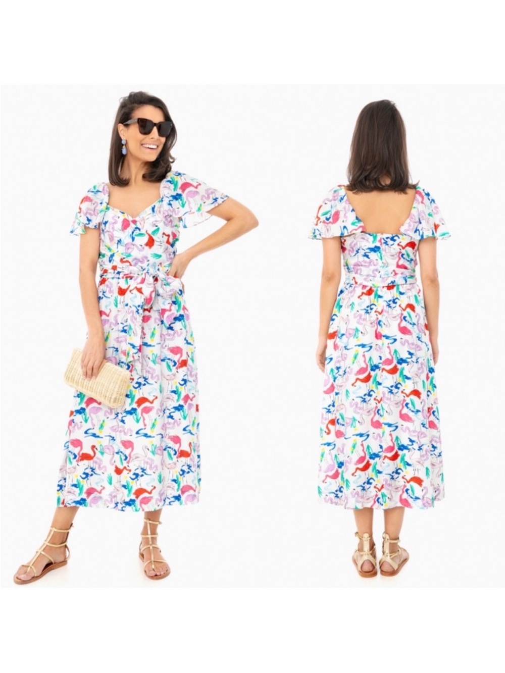 TANYA TAYLOR Teigan Silk Flamingo Print Flutter Sleeve Midi Dress White Size 6
